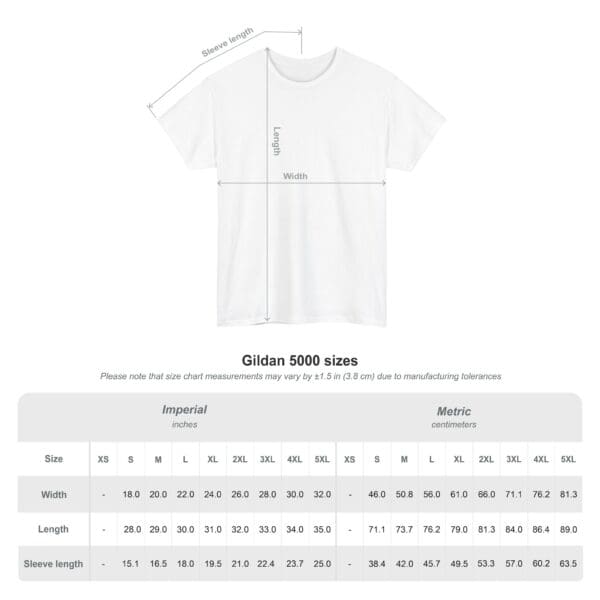 White Cotton t-shirt with handwritten photographer print size chart