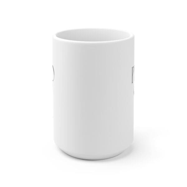 White ceramic mug with handwritten word “PHOTOGRAPHER” 15 oz
