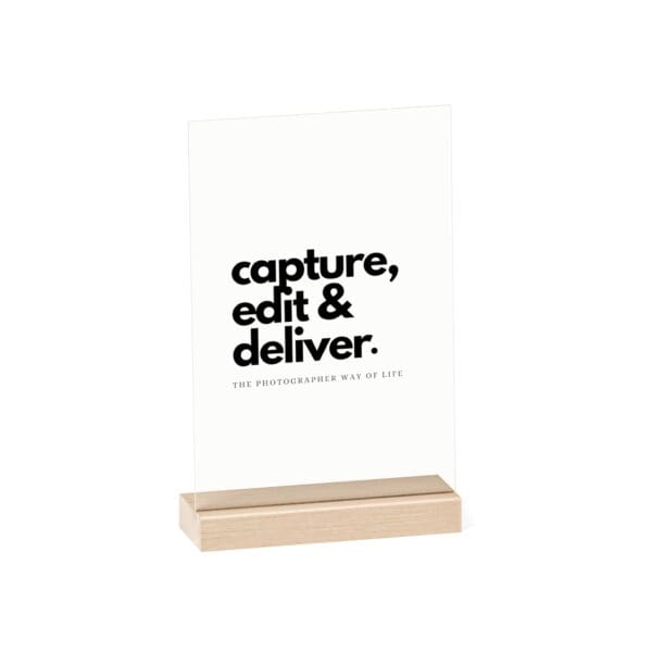 Minimalist sign for photographers, acrylic with wooden stand, styled on a modern desk