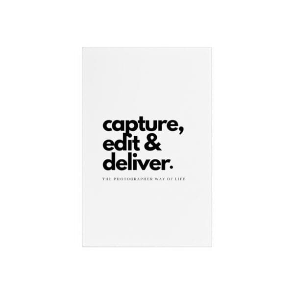Acrylic desk sign with quote 'Capture. Edit. Deliver.' in wooden base, perfect for photographers